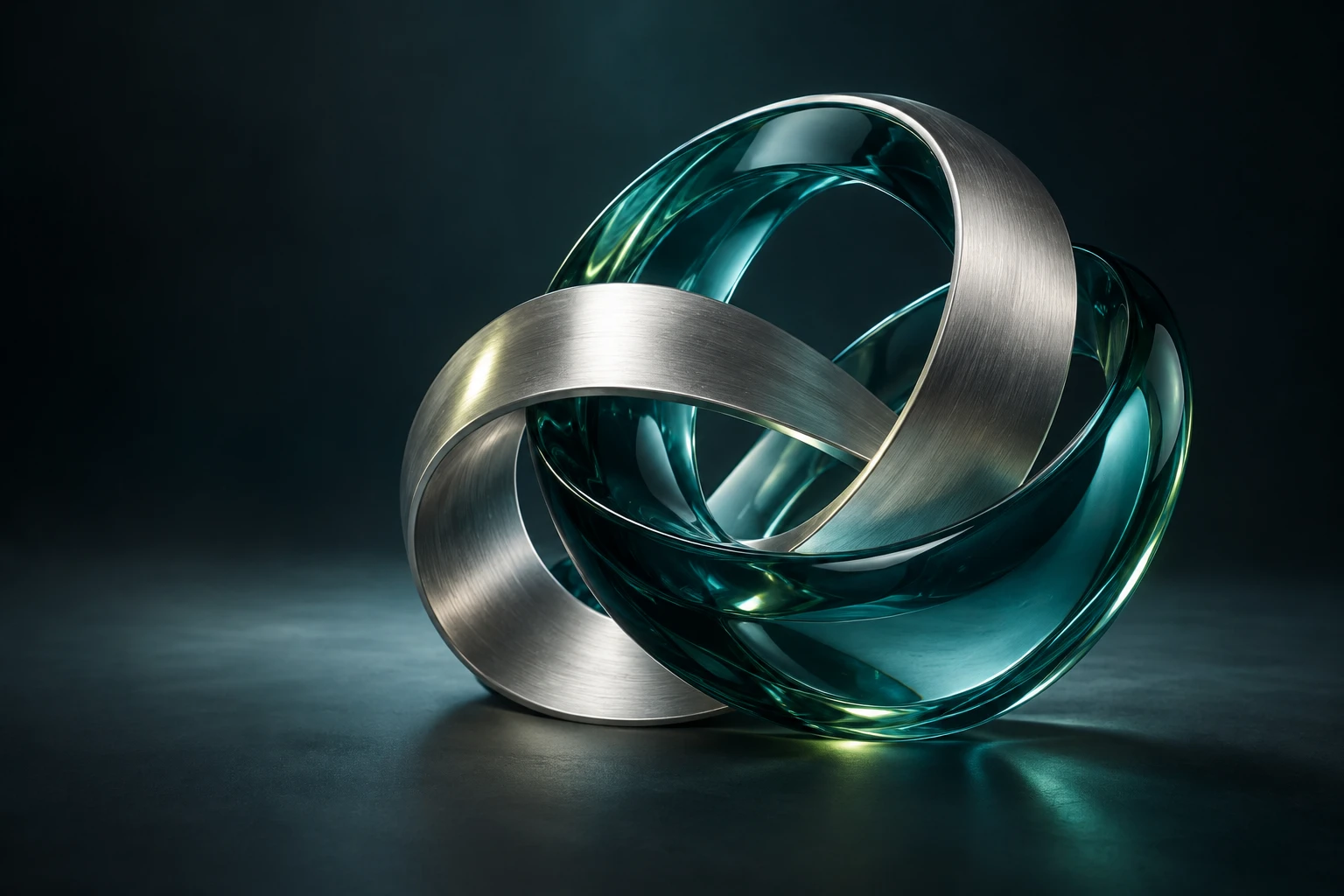 Interconnected brushed silver and teal glass loops